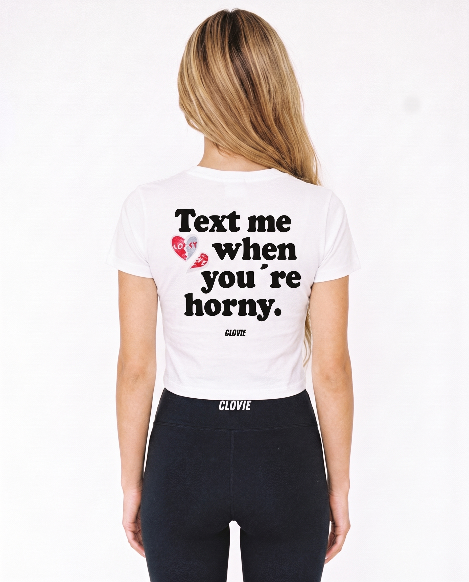 Text me Cropped Tee White - female model back print
