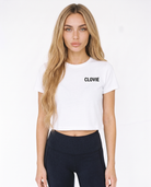 Social media killed romance Cropped Tee White - female model front + CLOVIE chest logo
