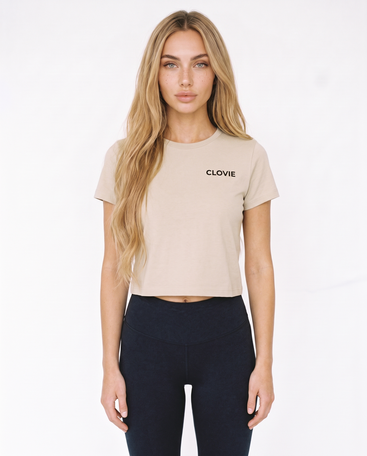 Text me Cropped Tee Sand - female model front + CLOVIE chest logo