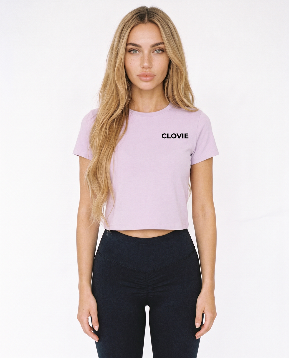 Text me Cropped Tee Soft Lilac - female model front + CLOVIE chest logo