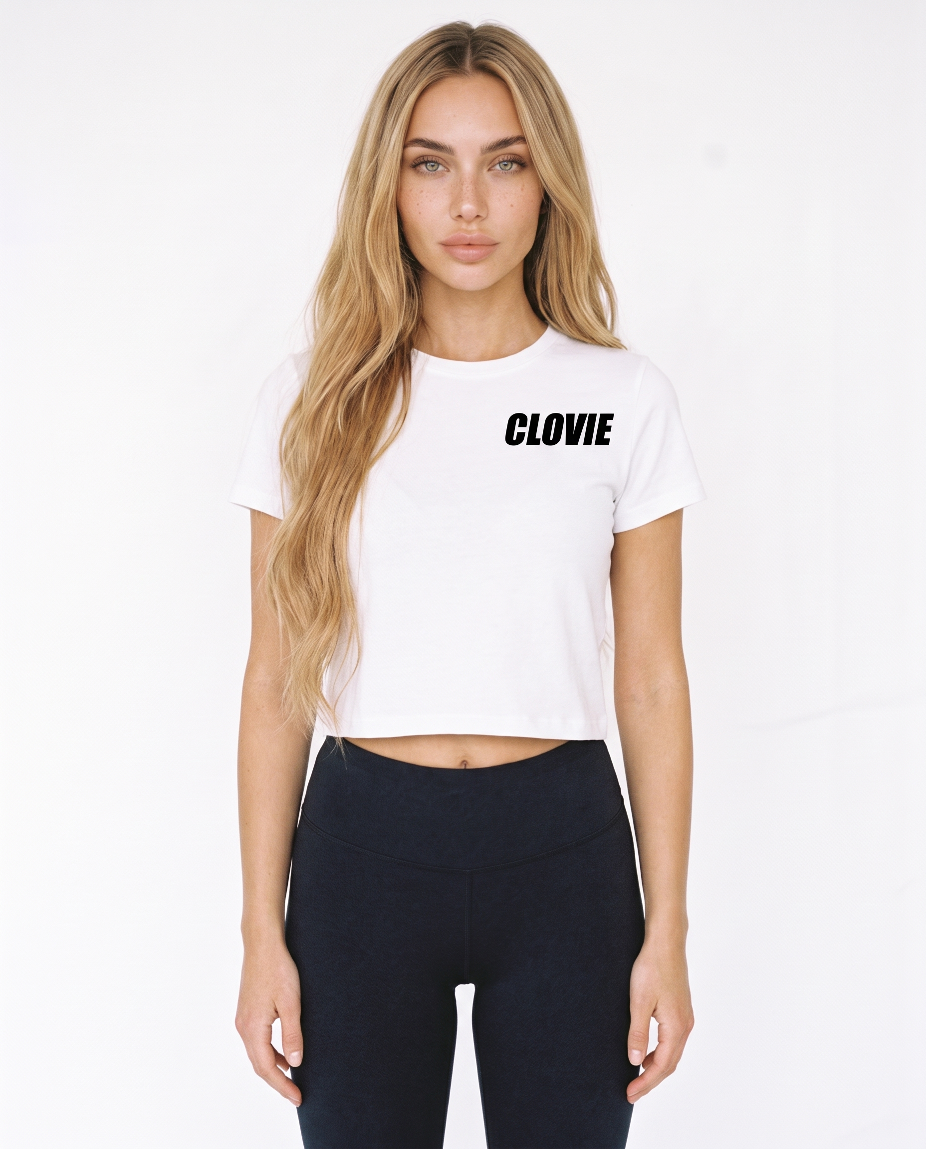 Text me Cropped Tee White - female model front + CLOVIE chest logo