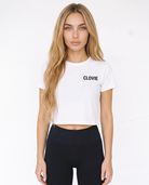 I spent all my money on racing Cropped Tee White - female model front + CLOVIE chest logo