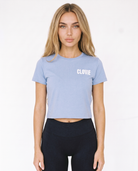 Loyalty Cropped Tee Sky Blue - female model front + CLOVIE chest logo