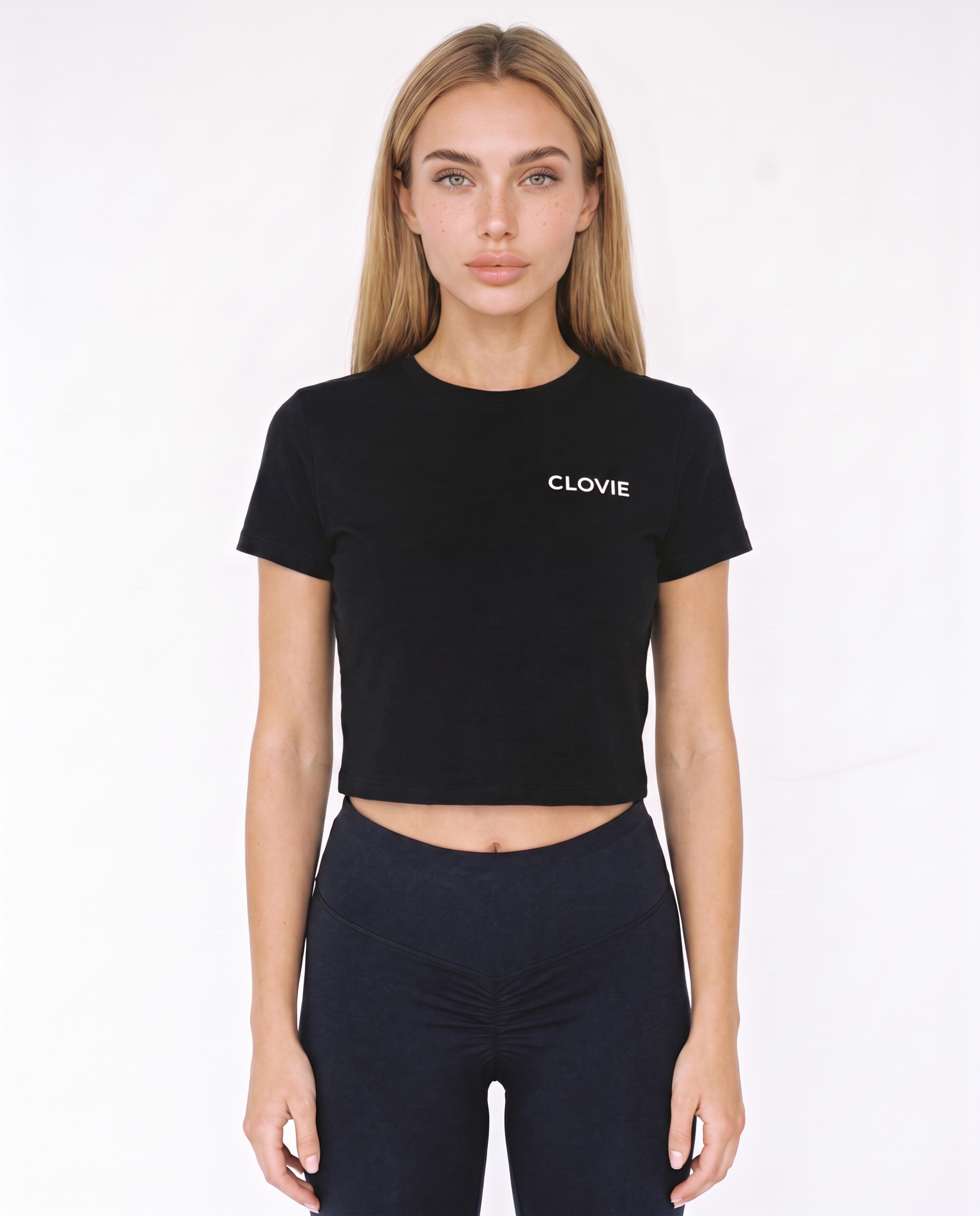 Social media killed romance Cropped Tee Black - female model front + CLOVIE chest logo