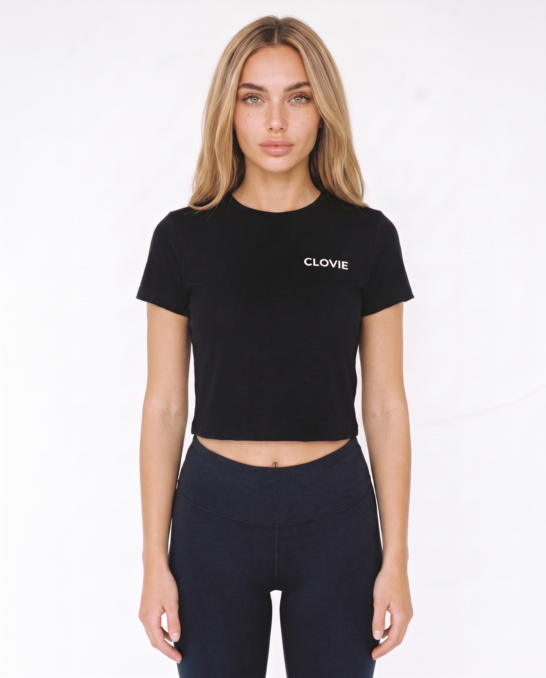 Text me Cropped Tee Black - female model front + CLOVIE chest logo