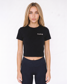 Loyalty Cropped Tee Black - female model front + CLOVIE chest logo