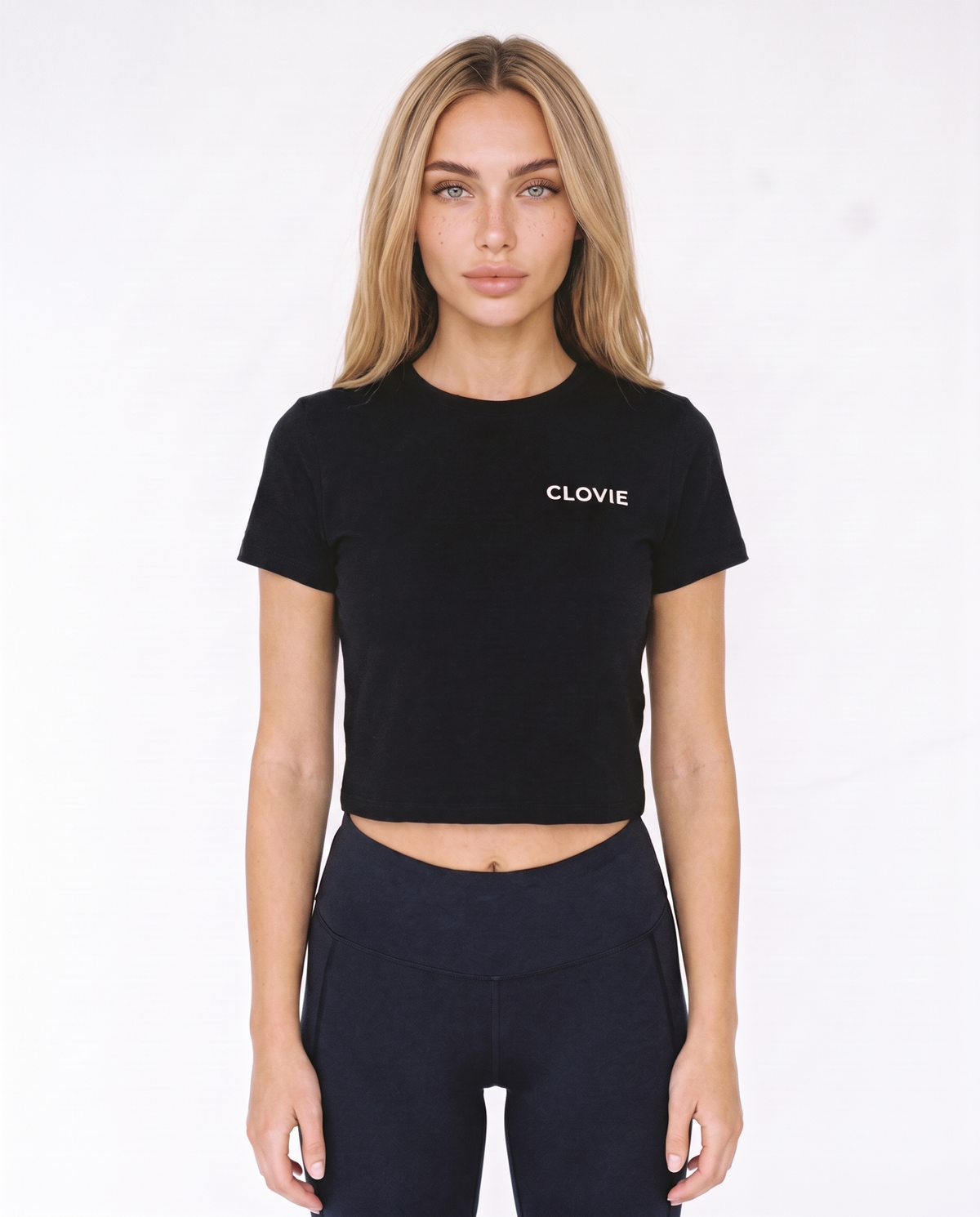 Loyalty Cropped Tee Black - female model front + CLOVIE chest logo