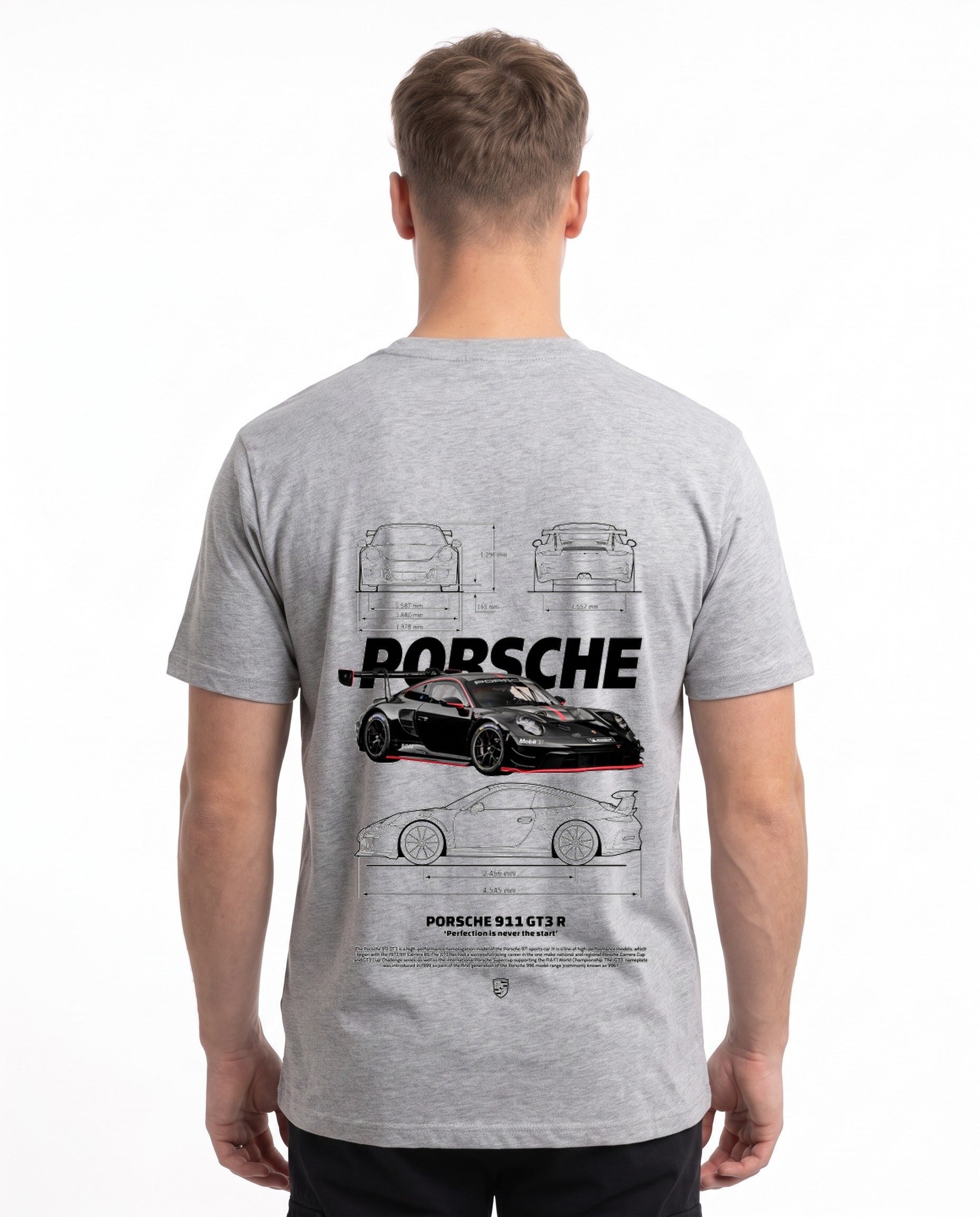 Porsche 911 GT3 R T-Shirt Heather Grey – Rückseite mit Blueprint-Backprint