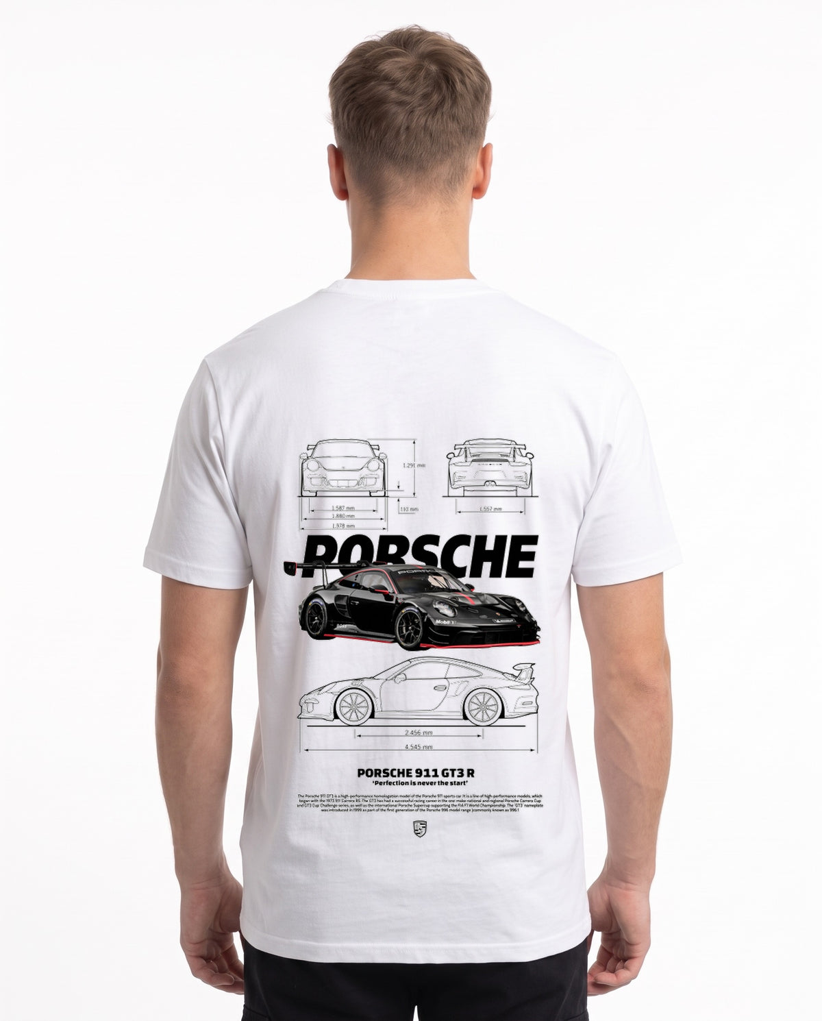 Porsche 911 GT3 R T-Shirt White – Rückseite mit Blueprint-Backprint
