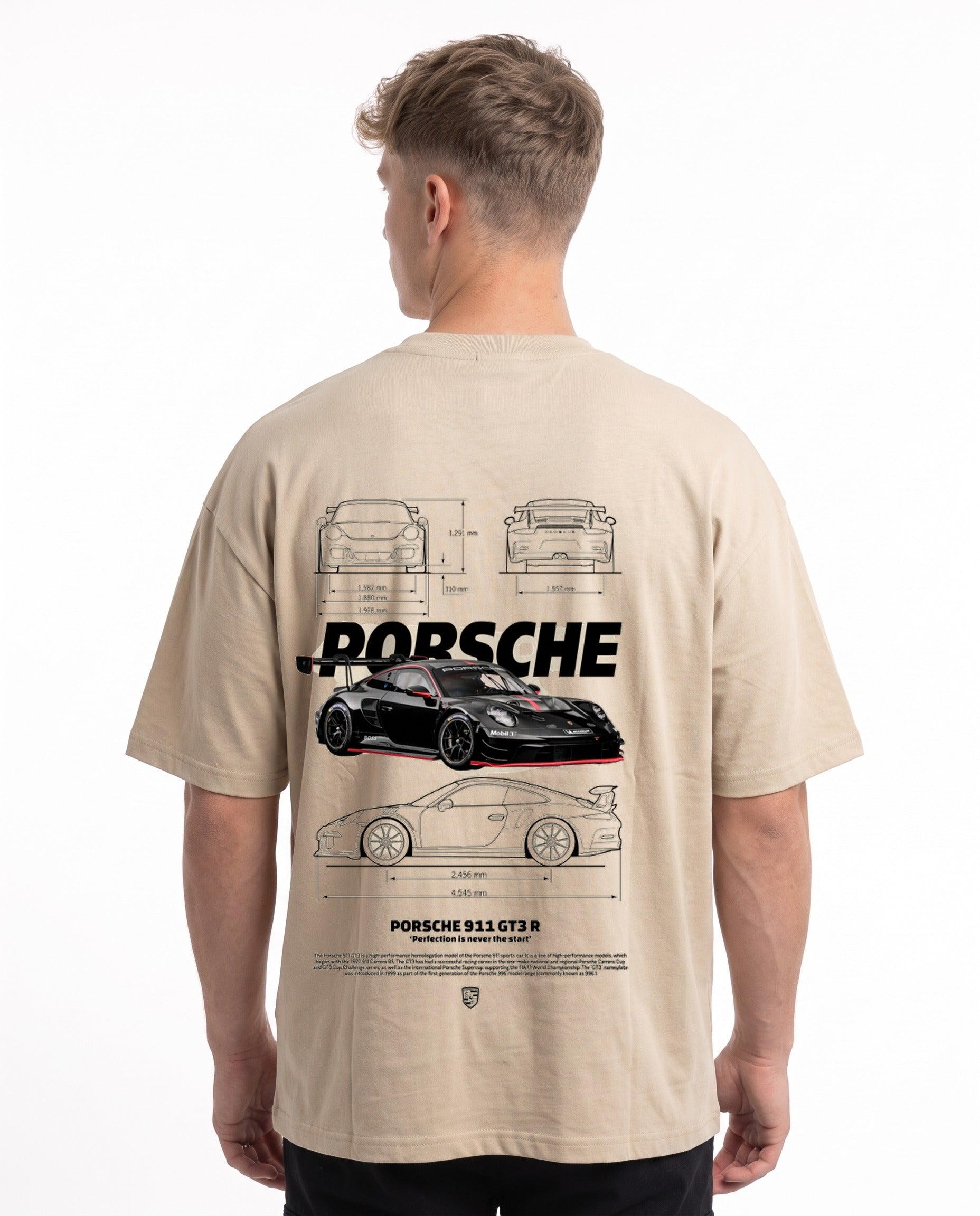 Porsche 911 GT3 R Oversized Tee Sand – Rückseite mit Blueprint-Backprint