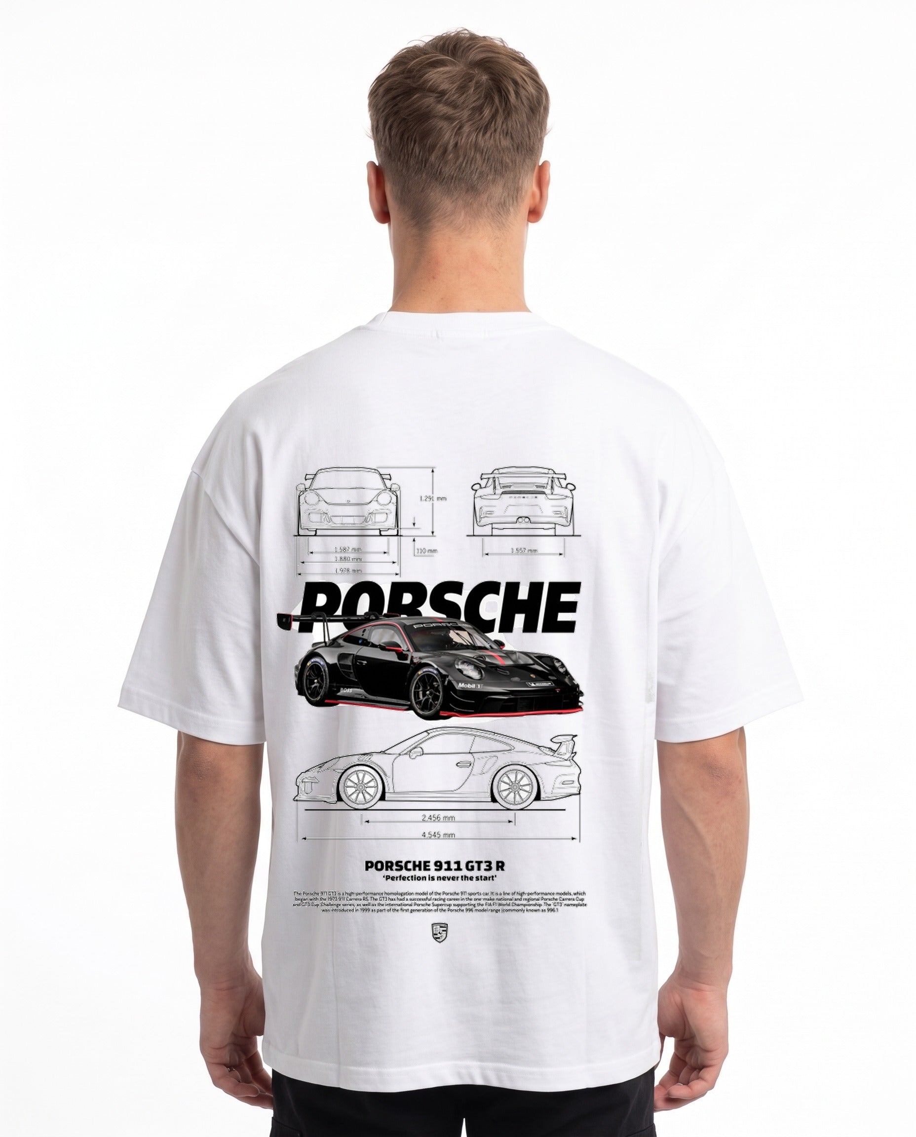 Porsche 911 GT3 R Oversized Tee White – Rückseite mit Blueprint-Backprint